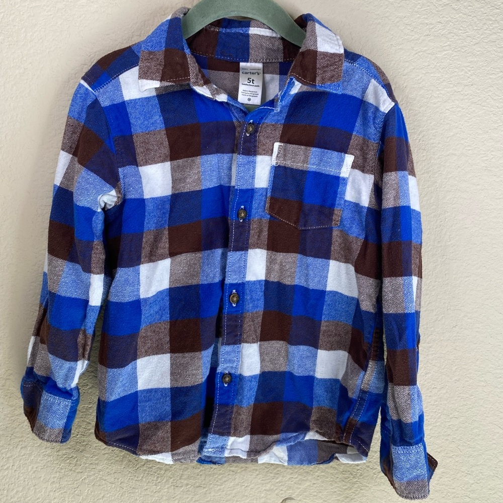 Boy’s Plaid blue, brown and white button down shirt